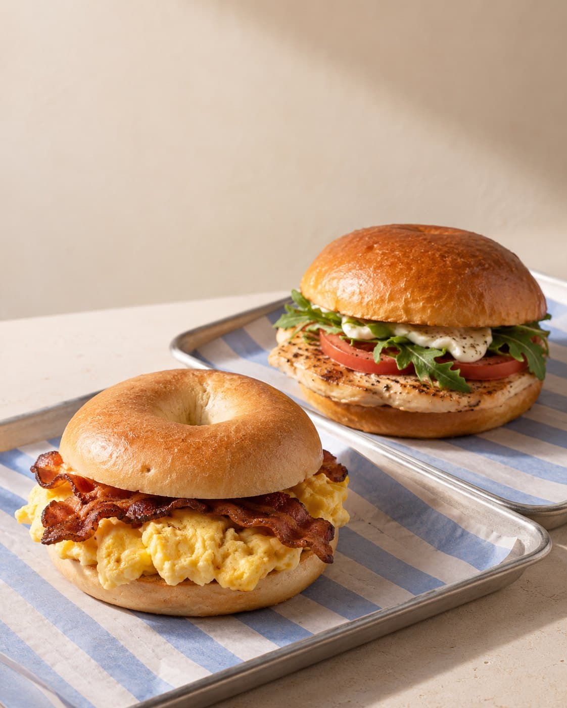 bōm dough breakfast sandwiches — bagel and brioche, Cambridge, MA Two bōm dough breakfast sandwiches on striped paper — bacon and scrambled egg on a bagel, and grilled chicken with tomato and arugula on brioche.