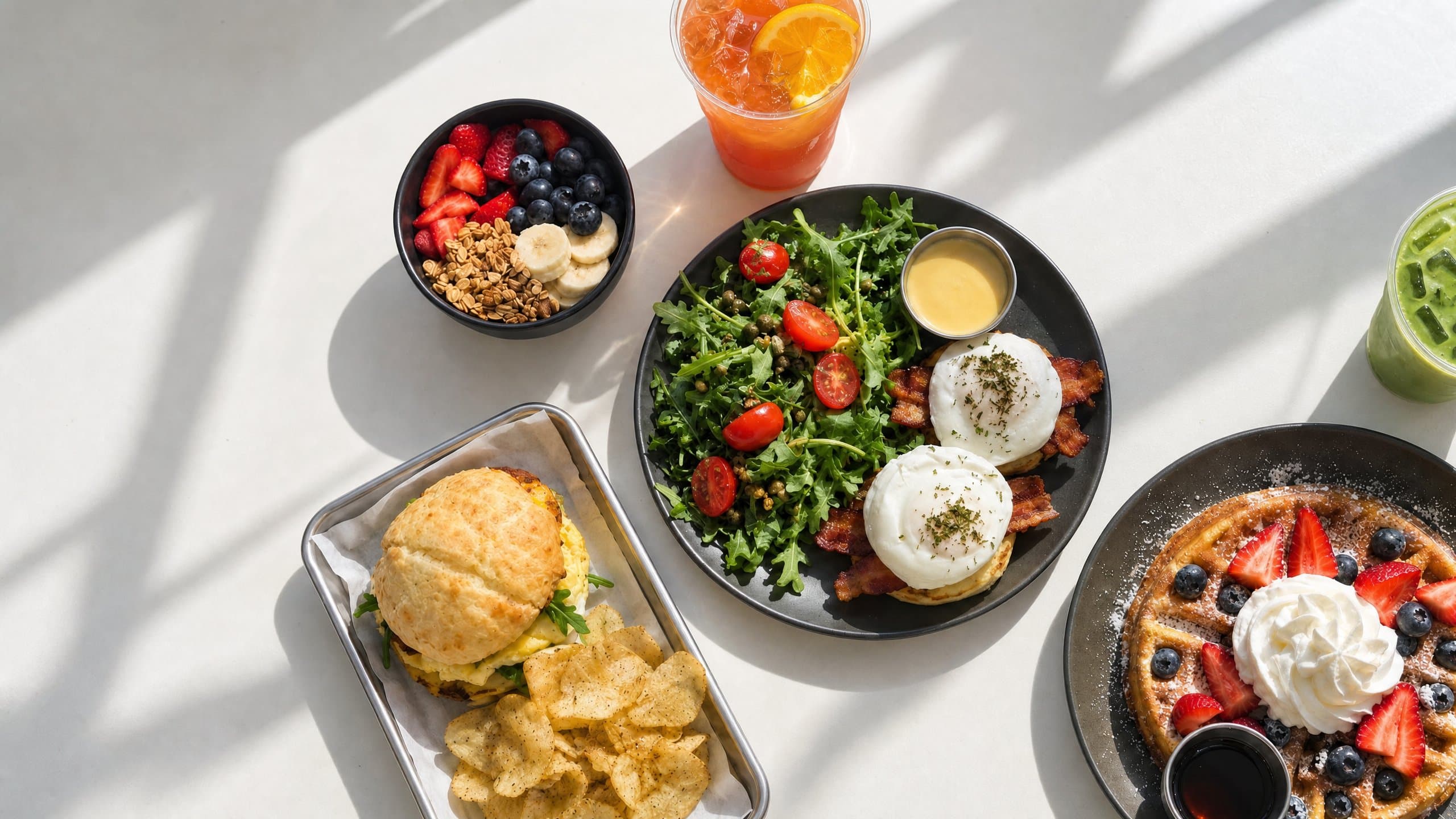 Breakfast at bōm dough in Cambridge, MA: a pão de queijo breakfast sandwich with chips, eggs benedict with bacon and a tomato, arugula and caper salad, a bowl of berries, banana and granola, a berry mochi waffle with whipped cream, iced matcha and an iced citrus drink.