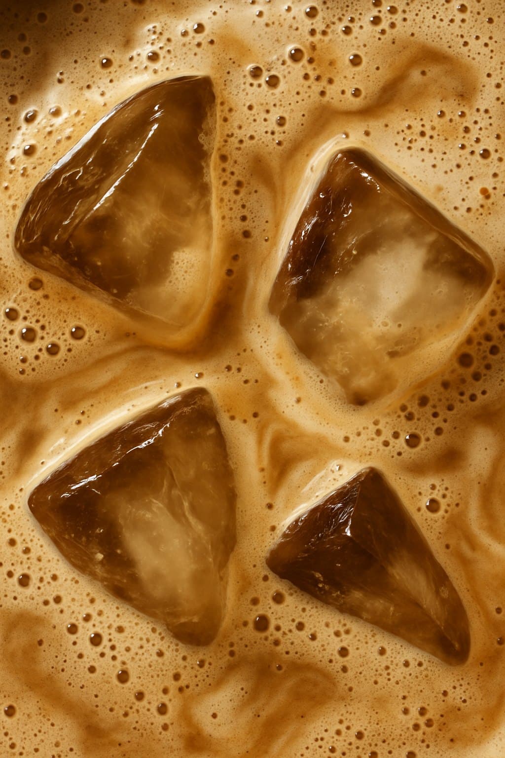 Close-up of an iced latte at bōm dough in Cambridge, MA — espresso swirling into milk around the ice.